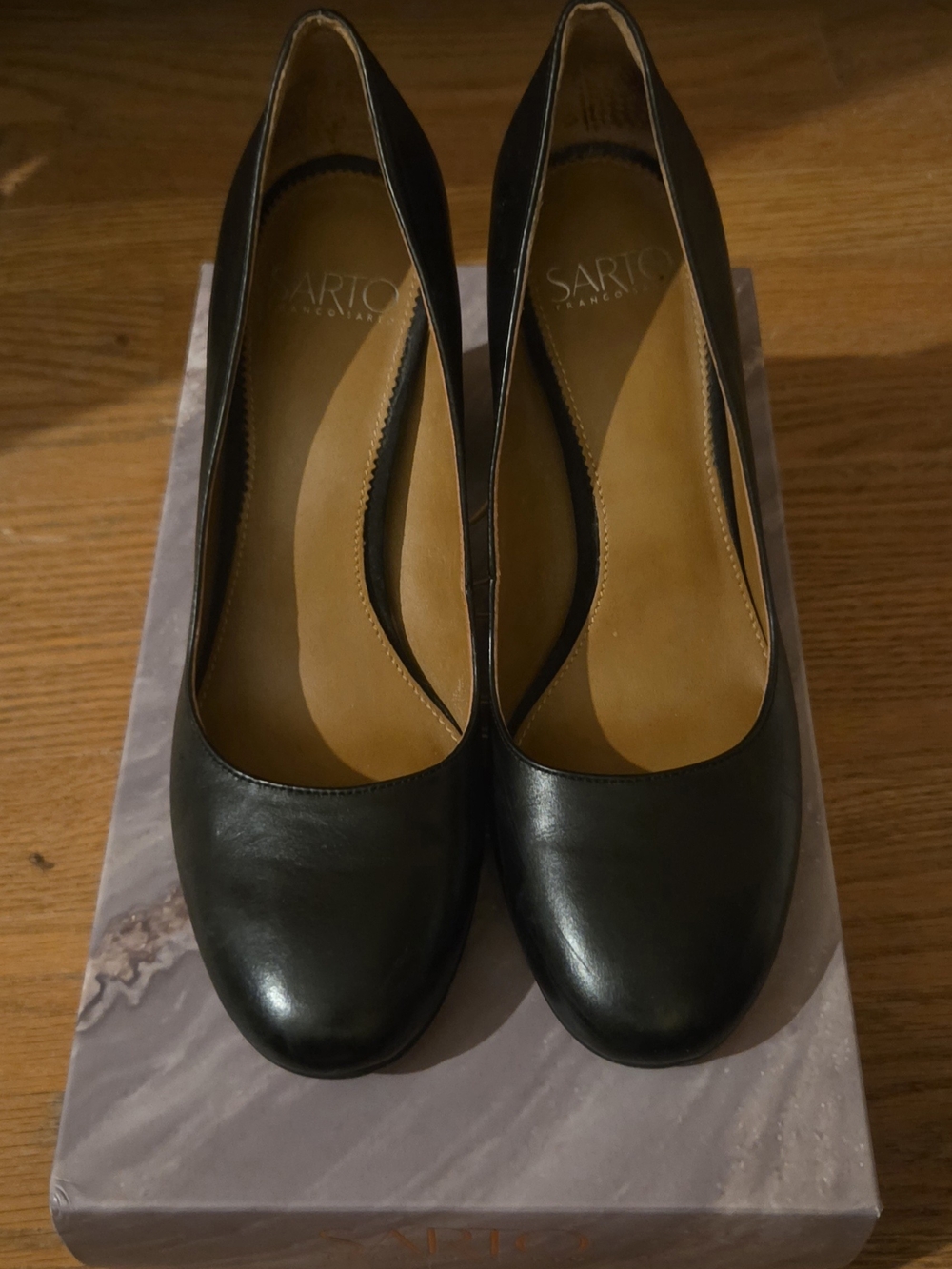 Franco Sarto Aziza Black Leather Block Heel Pumps